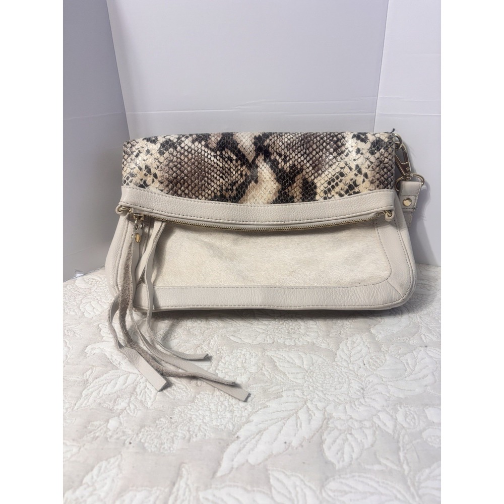 Carlos Falchi CKi Fold Over Crossbody Bag Snake Print Haircalf Leather Cream